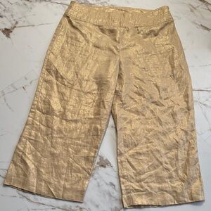 Trevan Linen Gold Tan Thread Wide Leg Capri Pants Sz 8 summer Resortwear